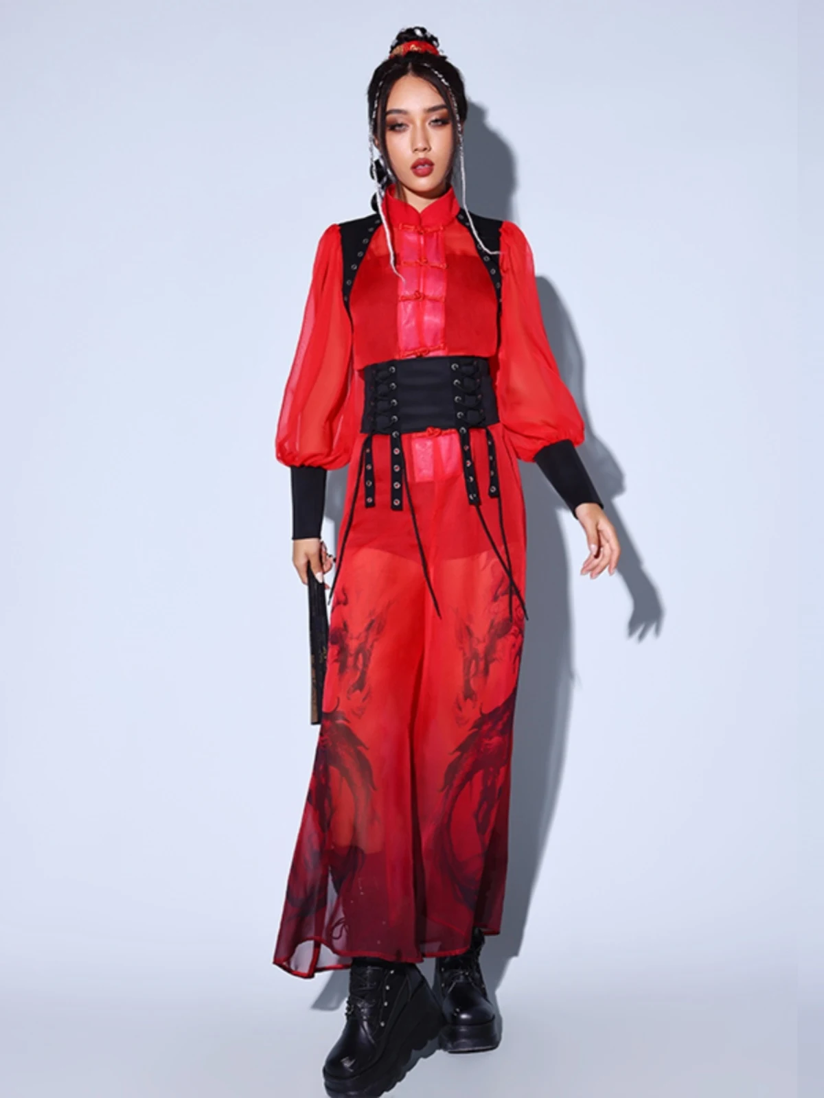 2024 Jazz Dance Performance Costumes For Women Red Outfits Chinese Style Kpop Clothing Girls Group Hip Hop Stage Wear DN17482