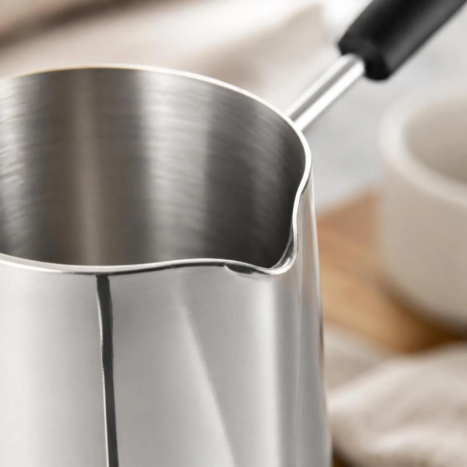 Practical Stainless Steel Saucepan with Built in Spout and Long Handle for Small Quantity Cooking Needs
