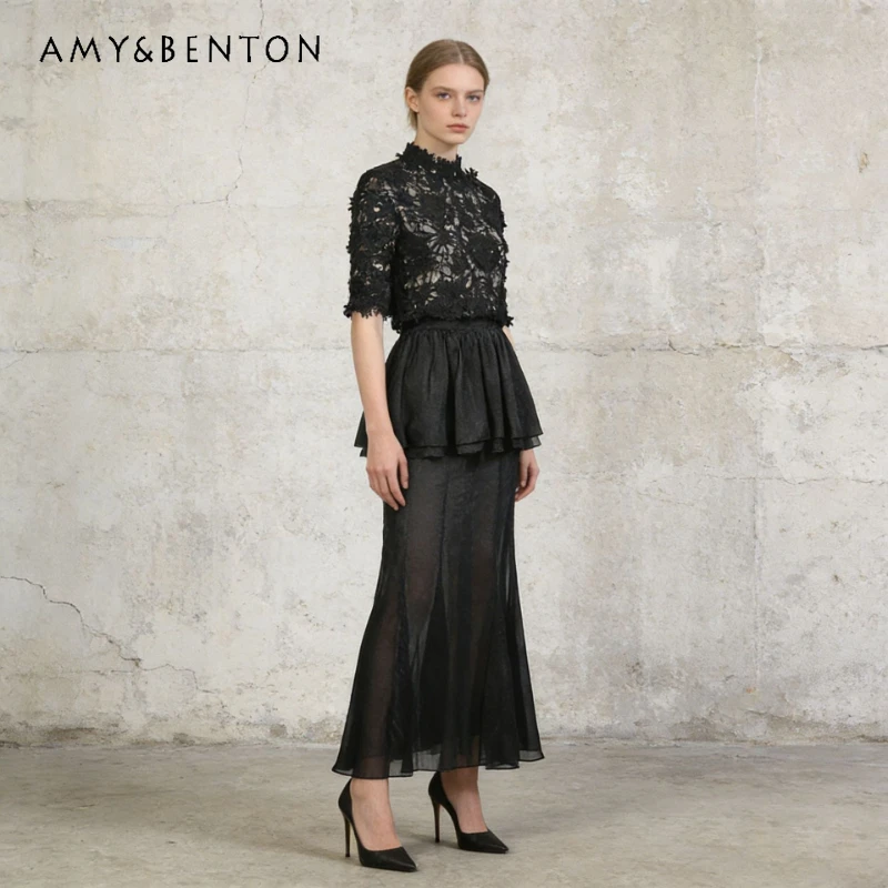 

Temperament Elegant Style Skirt Women's Suit Hollow Out Embroidered Top Double-layer Ruffle Leaf Edge Fishtail Skirts Set Ladies