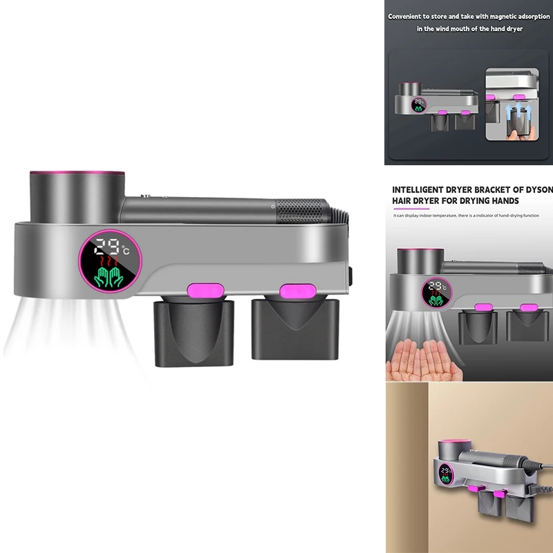 

J1UL1N For Dyson Hair Dryer Holder, with Drying Function,Without Punching, Hair Dryer Storage Rack with Thermometer