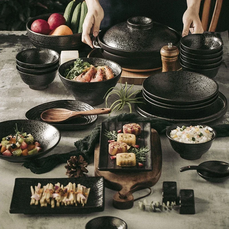 

Japanese tableware set dishes and wind household black retro Nordic ceramic plate luxury high sense Chinese rice bowl.