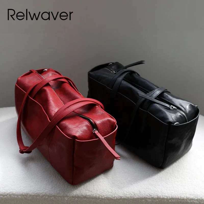 Relwaver tree cream cow leather Boston bag casual women shoulder bag 2025 spring summer big handbags chic genuine leather tote