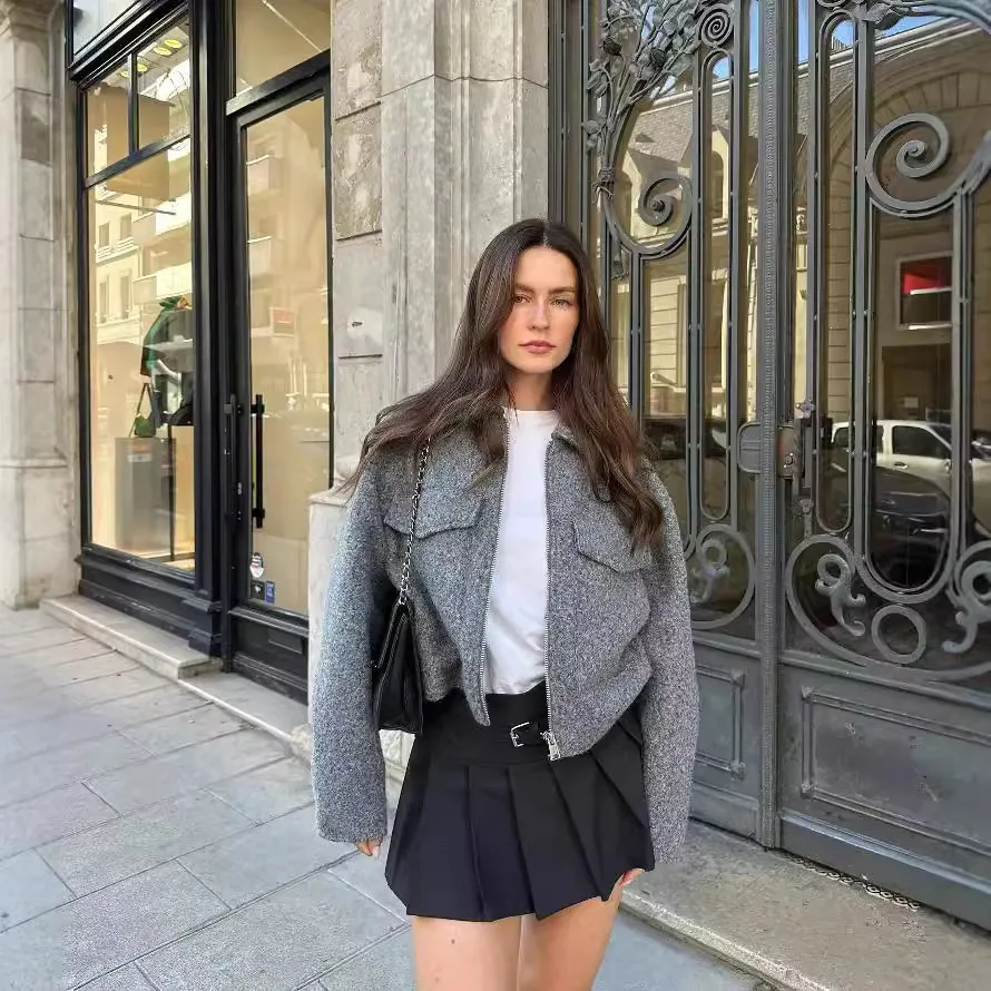 Outono inverno recortado jaquetas para mulheres casaco curto tweed jaqueta zip colheita demi-temporada jaqueta mulher novo em outerwears topos casacos