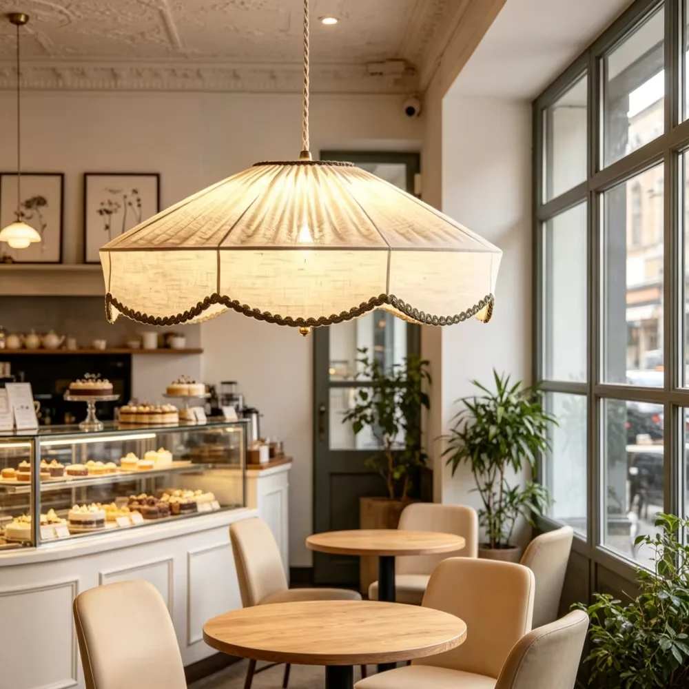 Linen Pendant Light  Vintage Umbrella-Shaped  Hanging Lamp Adjustable Height Farmhouse Fabric Shade  For Dining Room Bedroom