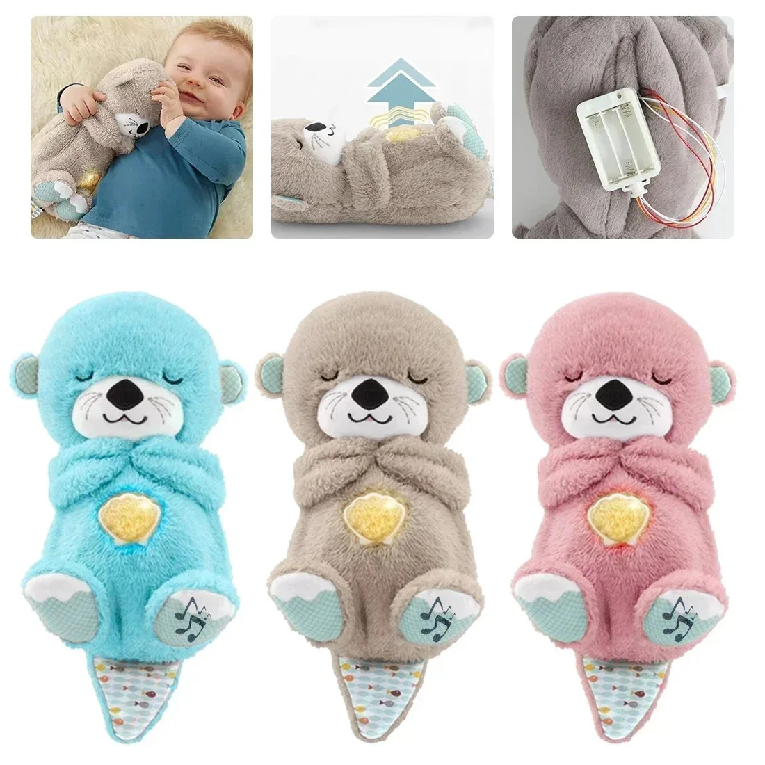 Baby Breathing Bear Baby Soothing Otter Plush Doll Toy Baby Kids Soothing Music Sleeping Companion Sound and Light Doll Toy Gift