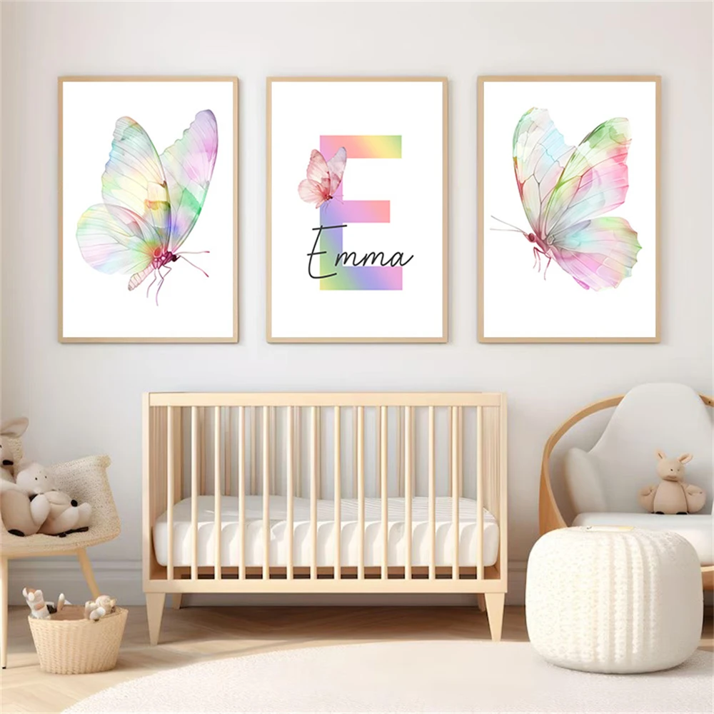 Cartoon Colorful Butterfly Personalized Custom Name Wall Art Canvas Painting Nordic Posters and Prints Pictures Kids Room Decor