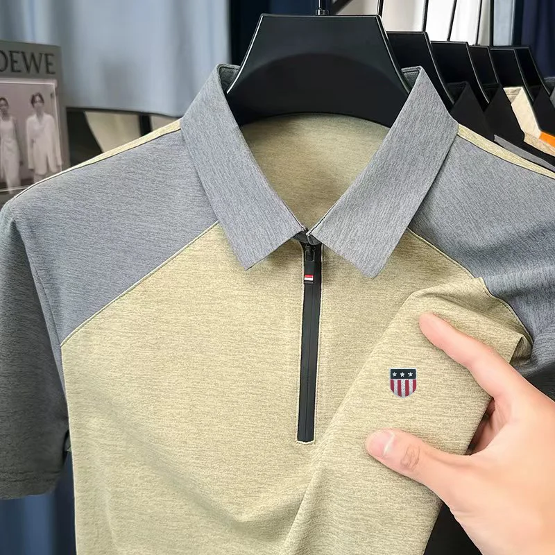 High Quality Summer Men New Short-Sleeved Polo Shirt Lapel Zipper Color Blocking Stamp Korean-Style Leisure Snug Men's Clothing