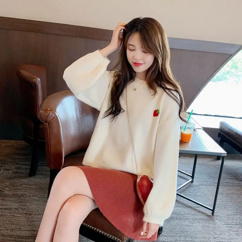 Sweet Fruits Embroidered Bottoming Shirt Women Autumn Winter Korean Loose Fashion Sweater All-match Preppy Style Knitwear Tops