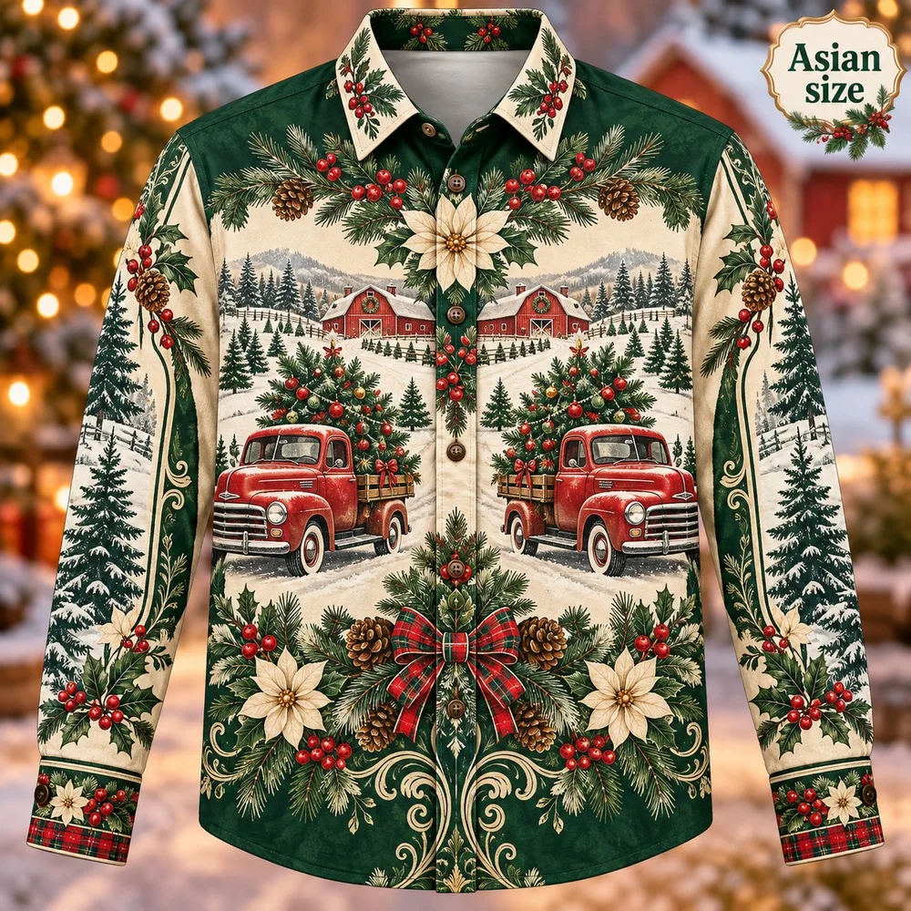 New Christmas Tree Farm Long Sleeve Button Down Shirt for Men 3D Print Polyester Holiday Party Festive Graphic Winter Shirts