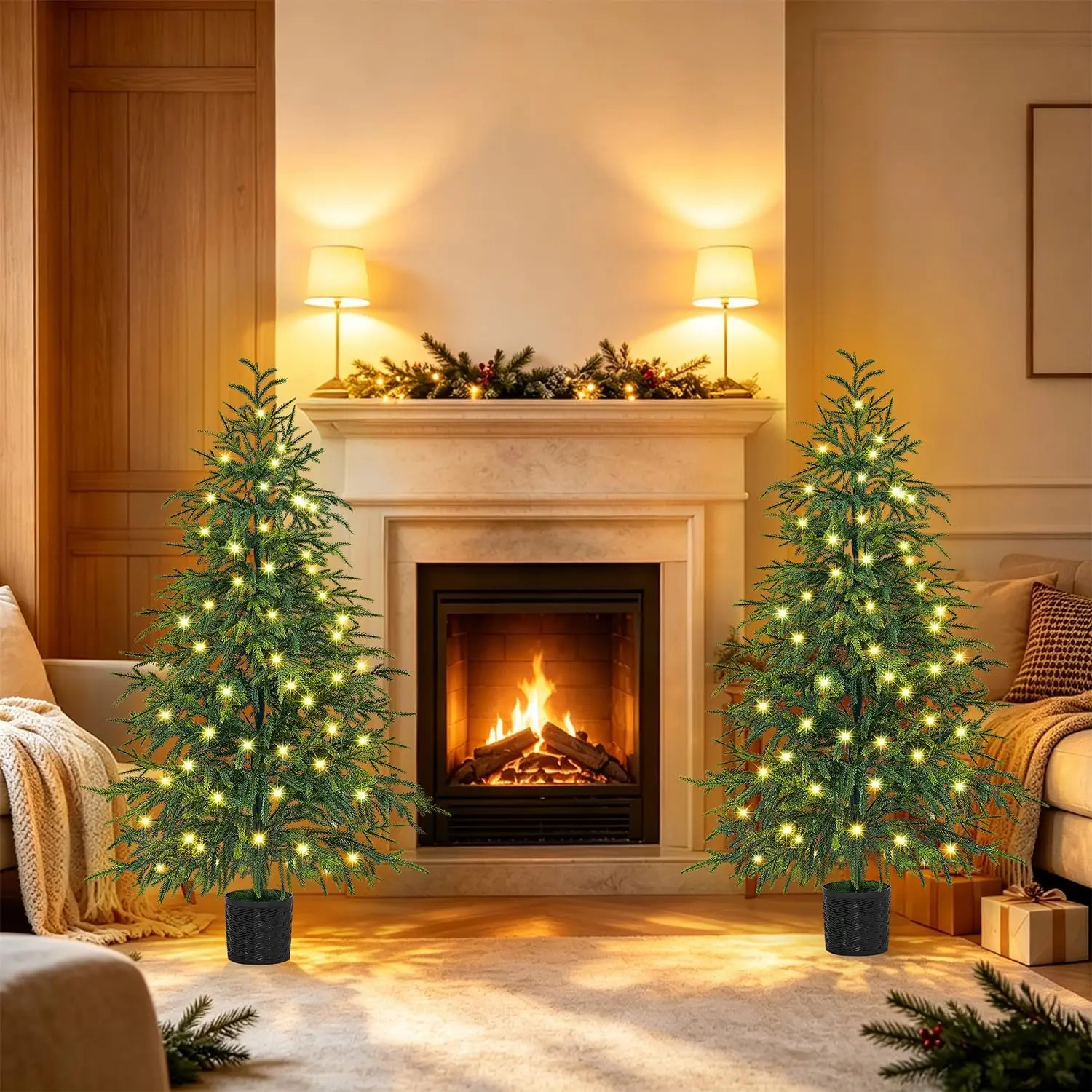 4FT Pre-Lit Artificial Christmas Tree 2 Pack, Norfolk Potted Tree