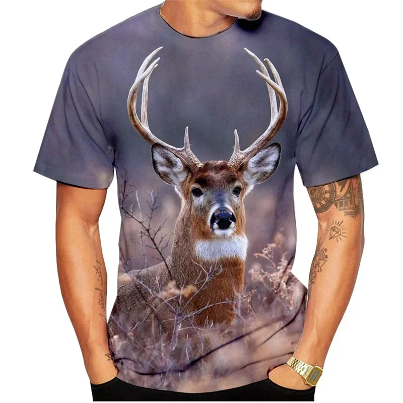 Funny Deer Pattern T-Shirt for Men Cute Animal 3D Printed Tees Summer Casual O-Neck Tops Short Sleeve Oversized Kids T Shirts