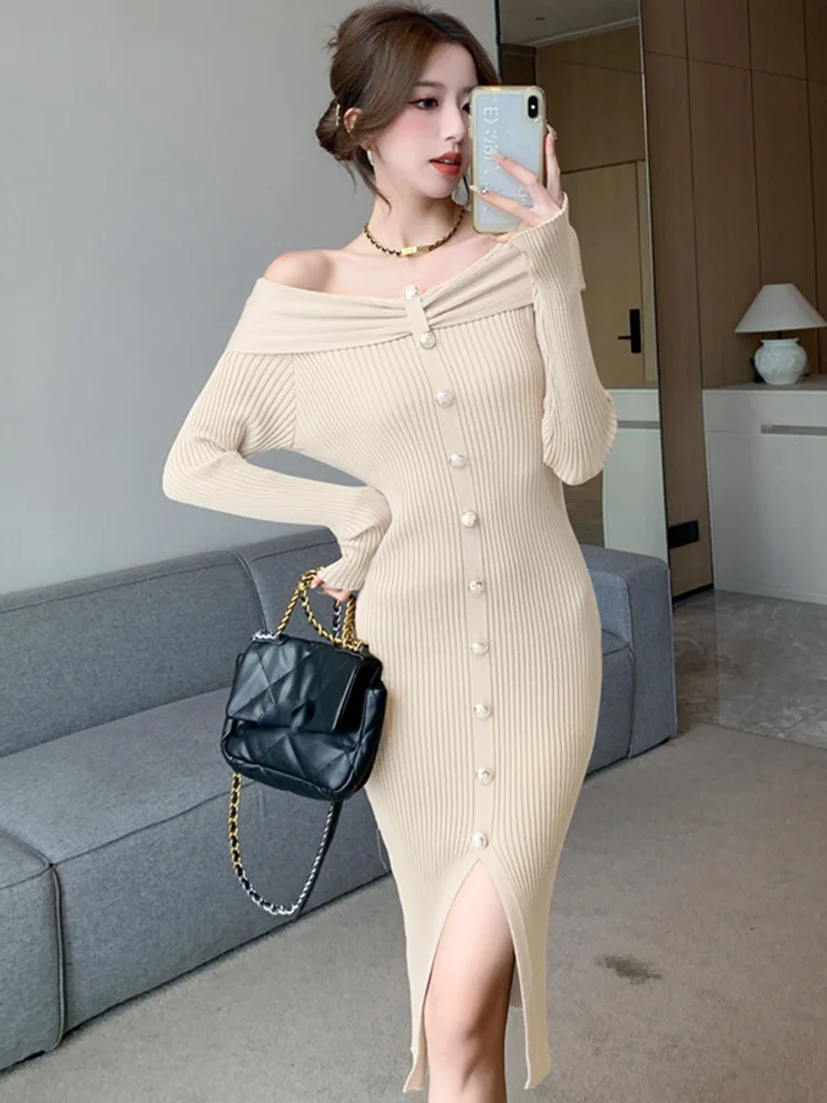 Stretch Knit Dress Pullover One Line Ccollar Single Row Decorative Buckle Shoulder Clip Full Sleeve Sheath Elegant Office Dress