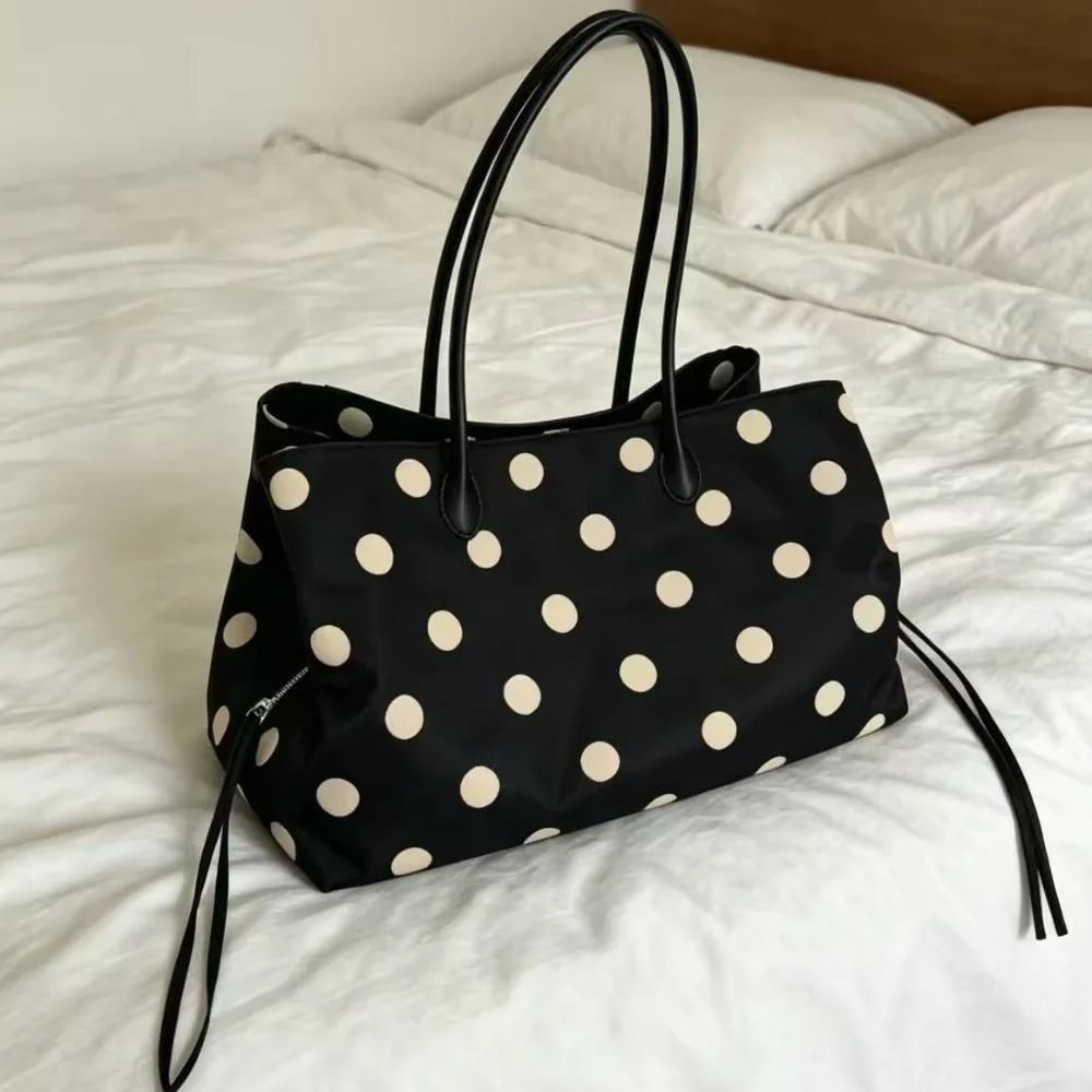 

Solid Black Polka Dot Shoulder Bag Double Zipper Multi-compartment Nylon Tote Bag Foldable Durable Large Capacity Handbag Women