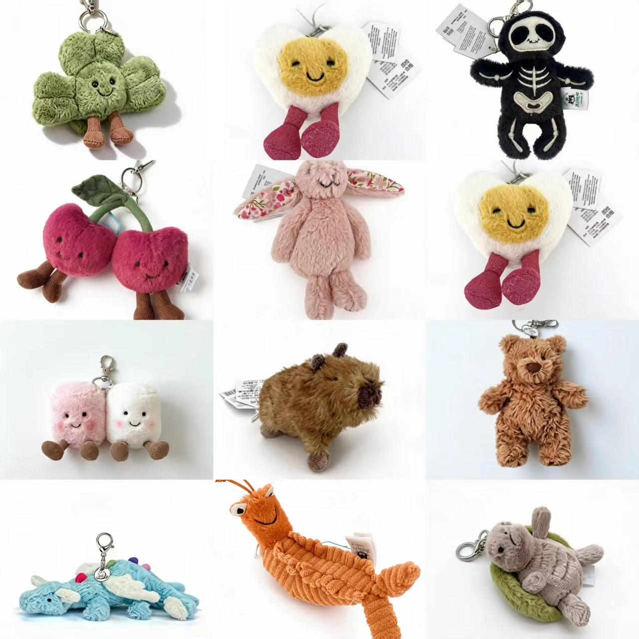 JC marshmallow; tea bag; cherry; peanut; dachshund, dragon; eggplant clover; soccer ball; penguin;Tennis；Barca bear; keychain