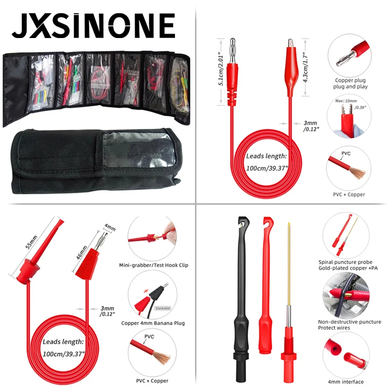 JXSINONE  P1957 Multimeter Wire Piercing  Probes Test Leads Kit with Puncture Needle 4mm Banana Plug Alligator Clip 64PCS