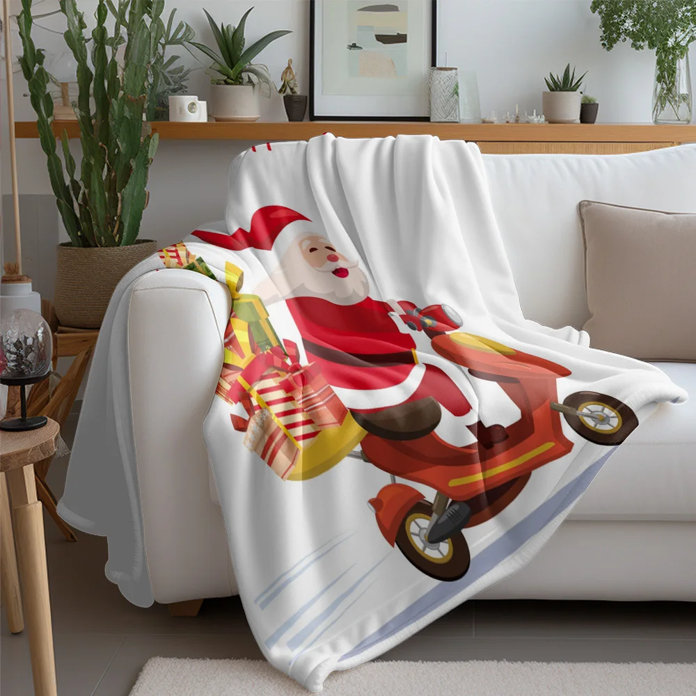 TU Santa Motorcycle Throw Blanket Christmas Holiday Cozy Gift Home Decor Festive Reindeer Reusable Warm Bedding Living Room Dorm