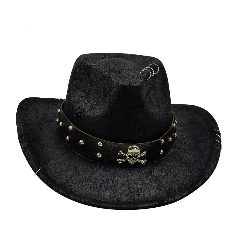 Faux Leather Cowboy Hat Steampunk Western Cowboy Hat for men fashion chain Felt jazz Hat party Panama hat sombrero hombre