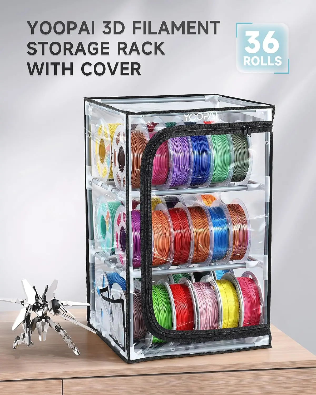 3D Printer Filament Storage Box, 3-Tier Rack with Transparent Dust Cover, Holds Up to 30 1KG Spools, Organizer and Holder for