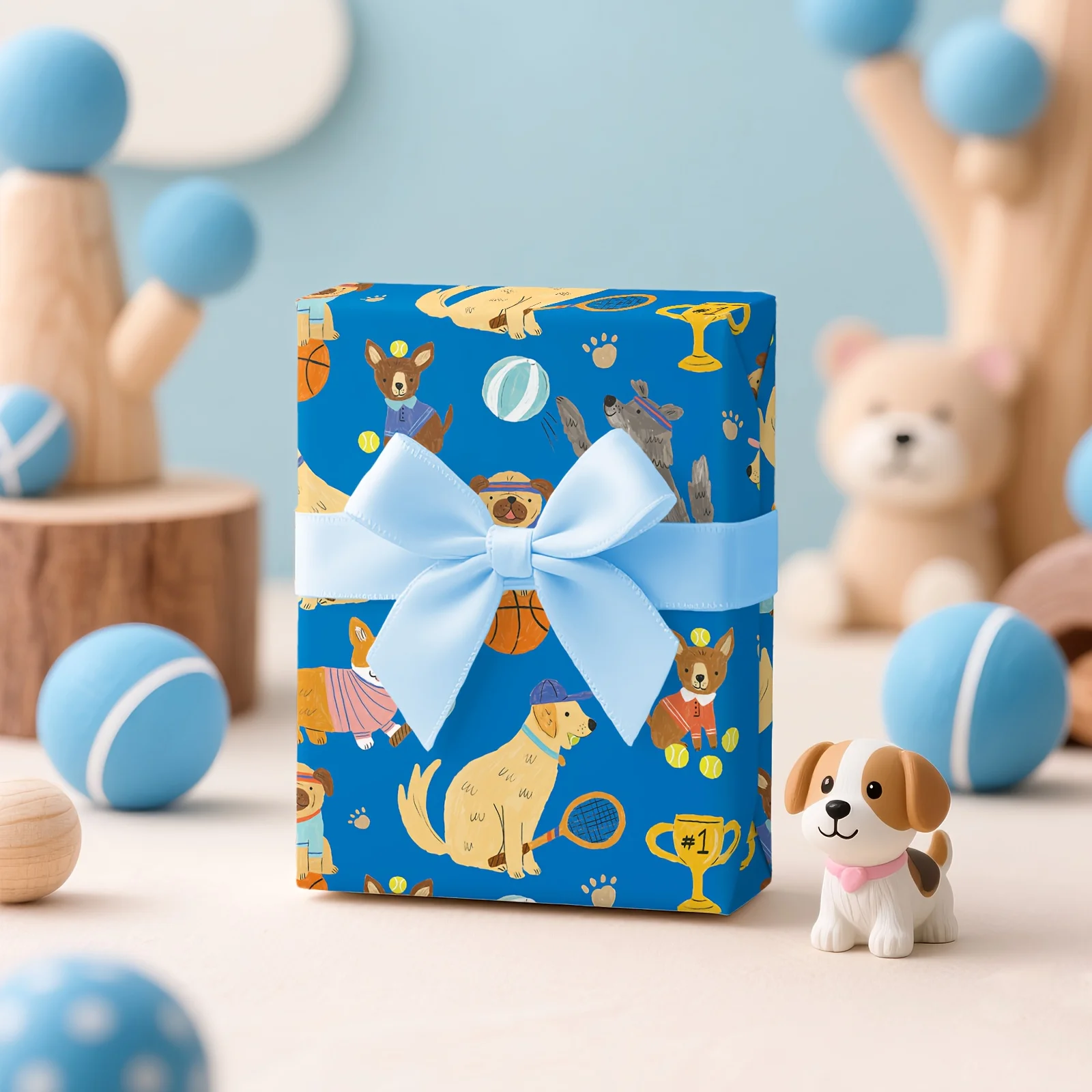 1 Roll of Dog-Themed Wrapping Paper |   Blue Background Sports-Themed Dog (Multiple Breeds) Playing Basketball, Holding a Tennis Racket, Holding a Trophy, Chasing the Ball, and Paw Print Patterns - Suitable for Pet Birthdays, Adoption Anniversaries, Gifts for Dog Lovers, Pet-Themed Event Packaging - 43.2cm × 500cm (17inch × 16.5 Feet)