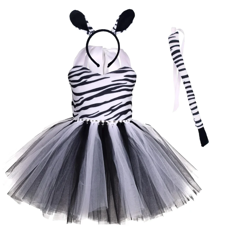 Girls Halloween Animal Cosplay Costume Kids Baby Forest Theme Giraffe Cows Tiger Leopard Zebra Print Tutu Dress Birthday Party