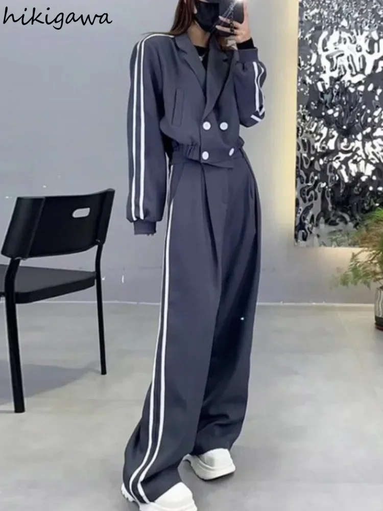 Korean Roupas Femme Pants Outfits Chic Two Piece Sets Women\'s Clothing Double-breasted Crop Coat Y2k Wide Leg Pants Casual Suit