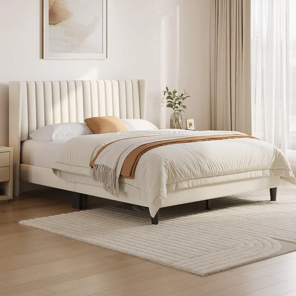 Fabric Upholstered Platform Bed Frame, Wing Edge Headboard & Non-Slip Structure, Queen Size, Custom
