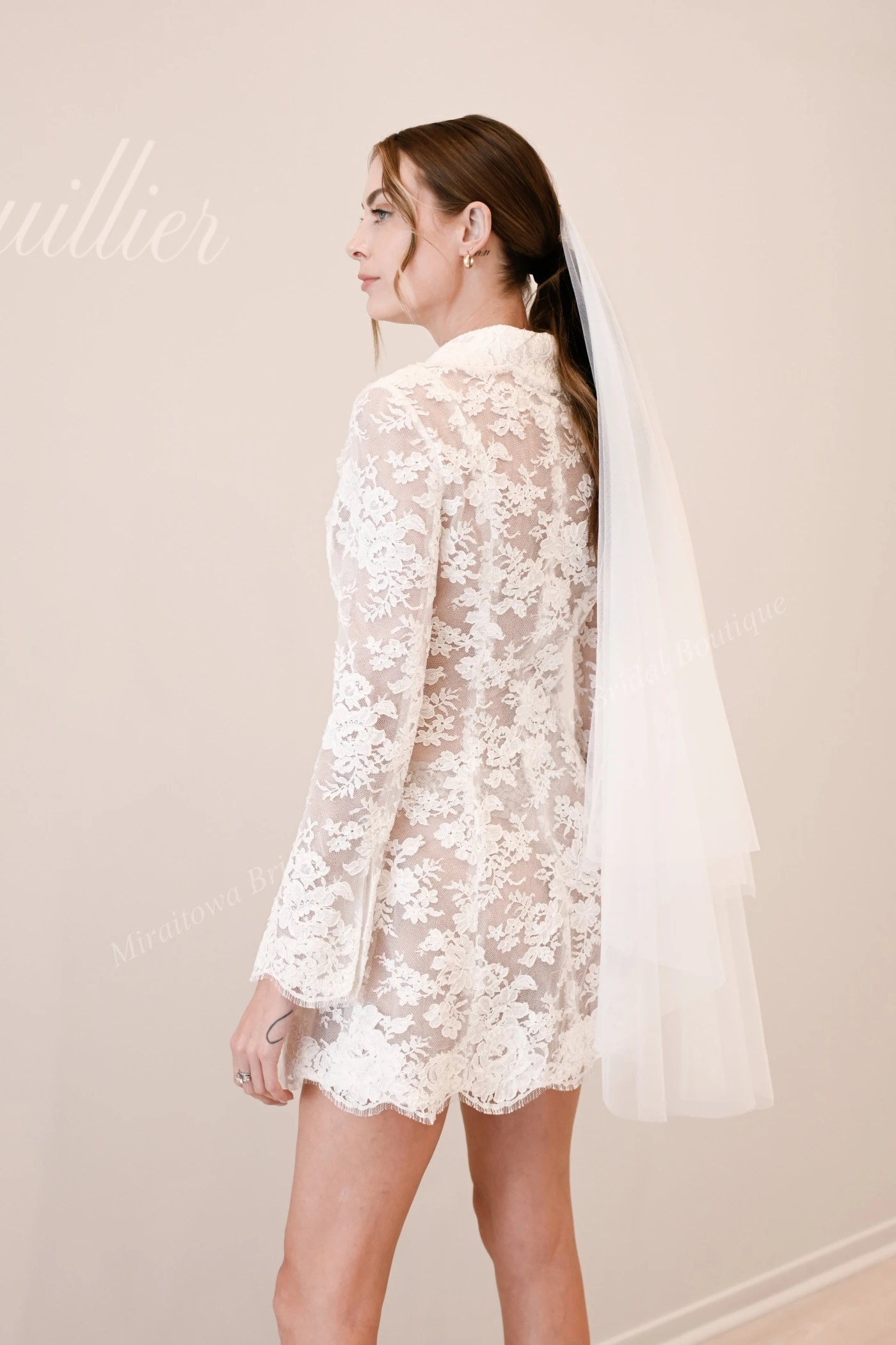 Mini robe de mariée en dentelle à manches longues, petit blazer trapèze blanc, fête des patients, réception de la douche, cérémonie, fête de fiançailles