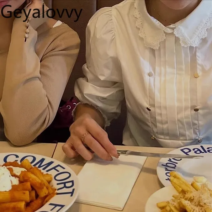 

White Versatile Japanese Style Lace Patchwork Top Button Decoration Exquisite Long Sleeve Turn-down Collar Sweet Shirt