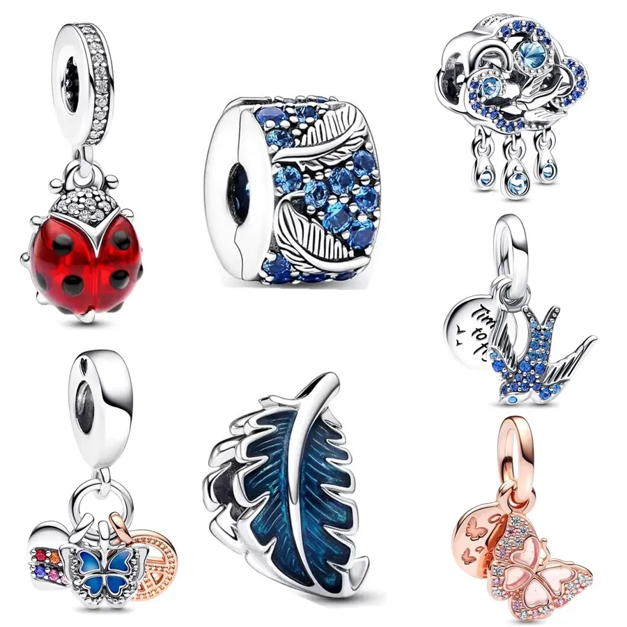 NEW Blue Swallow Pink Butterfly Red Ladybird Dangle Charm Bead Fit Original European 925 Sterling Silver Bracelet DIY Jewelry