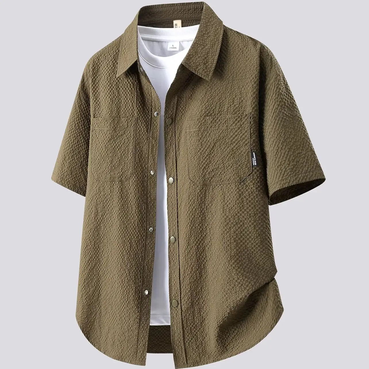 

Men's Army Green Bubble Gauze Short Sleeve Shirt Quick Dry Wrinkle Resistant Casual Shirt Oversized Blouse for Holiday & Beach