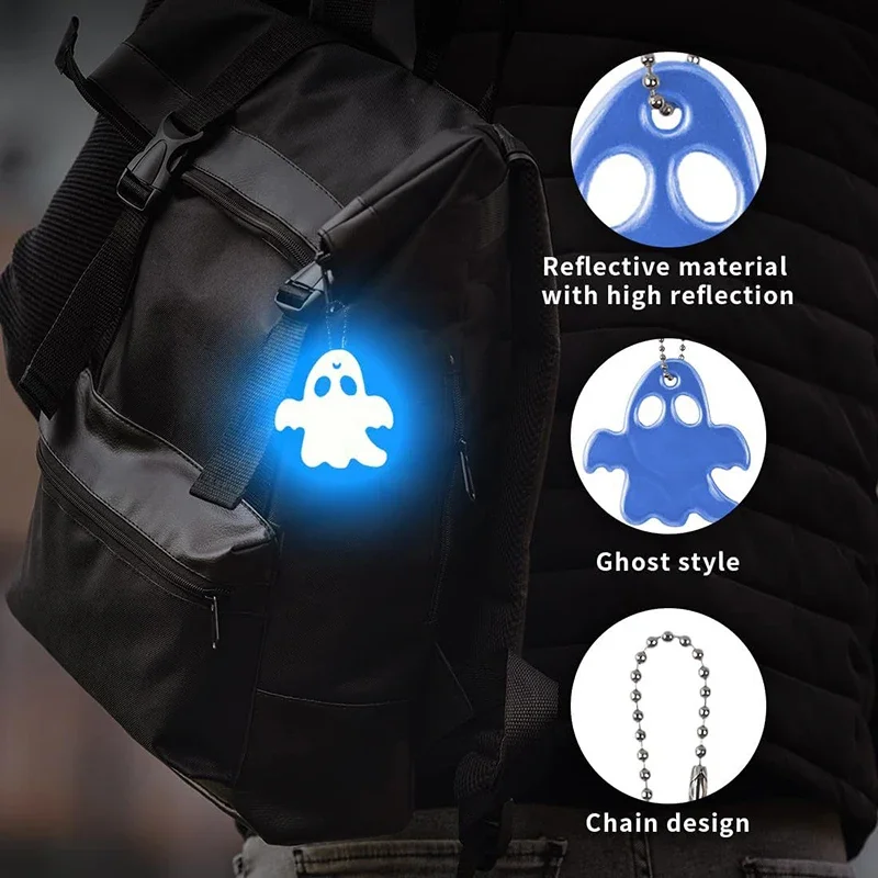 12PCS Night Reflective Key Ring Cute Ghost Shape Night Warning Double-sided Reflective Backpack Pendants Gifts