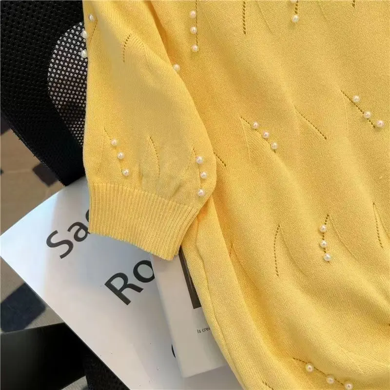 Summer Elegant O-neck Knit T-shirt Women Clothing Chic Embroidered Flares Short Sleeve Thin Top Fashion All-match Solid Pullover