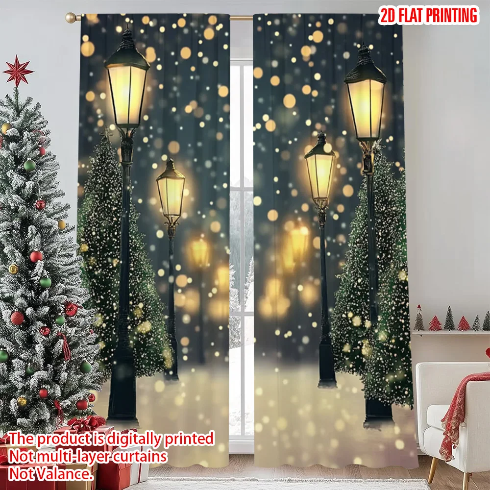 

2pcs 2D flat printing Merry Christmas Popular Window Curtains Winter Pine Street Lights Outdoor Snow Scenery Durable 100%