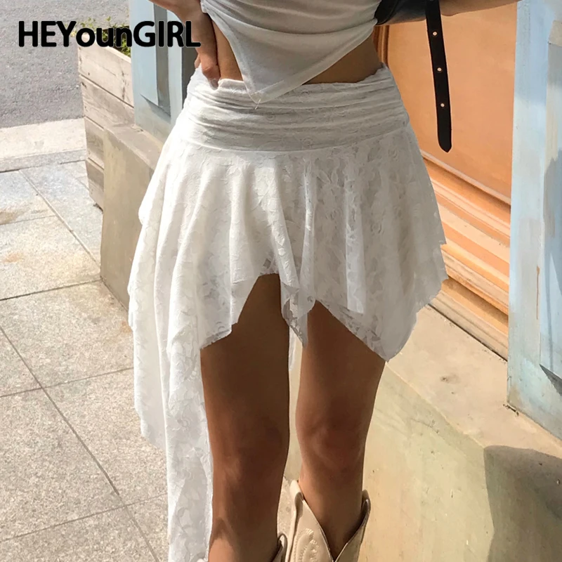 

HEYounGIRL Korean Style Asymmetrical Lace Skirt Chic Fashion Sexy Party Outfits Low Waisted Short Skirt Aesthetic Sweet Clubwear