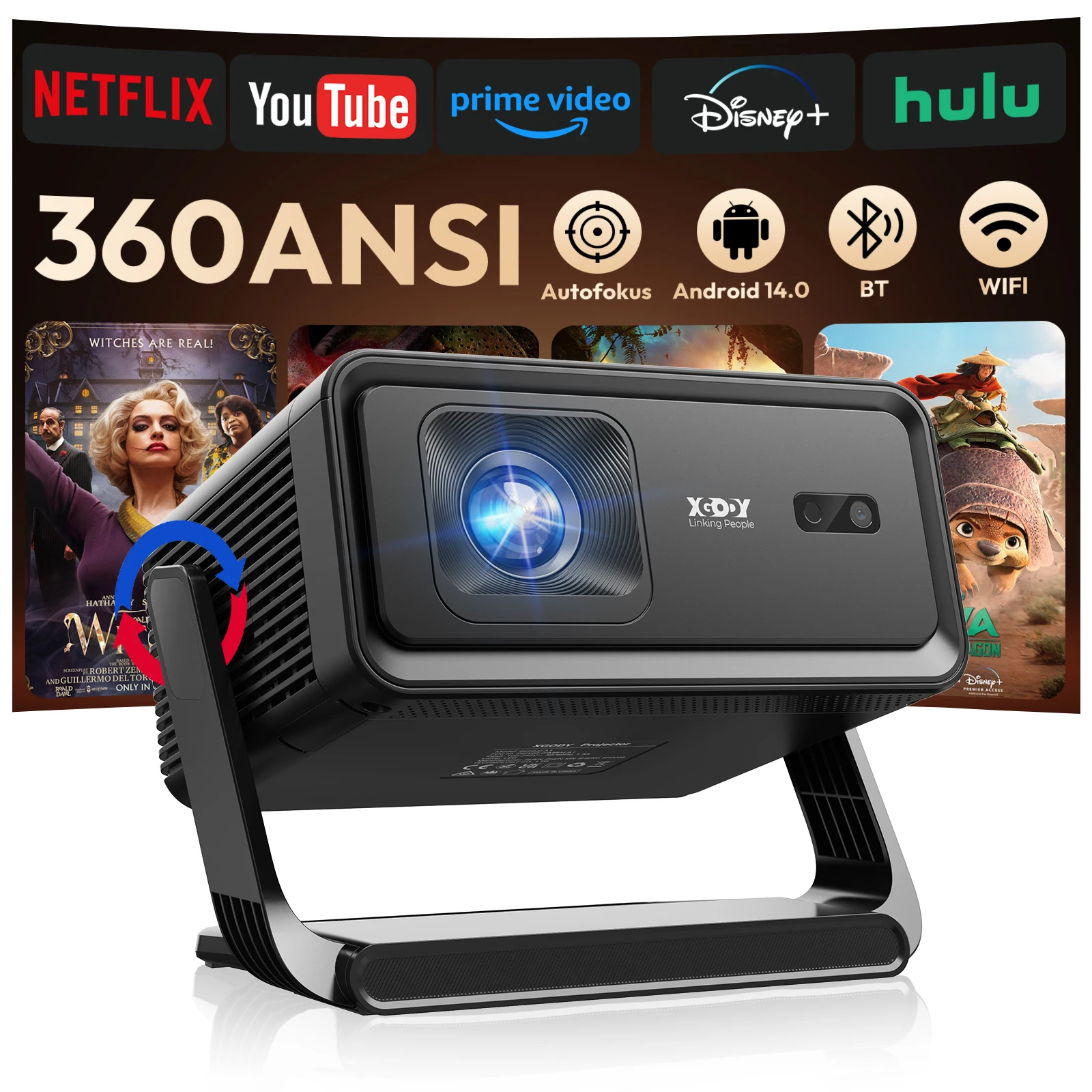XGODY 4K Beamer Autofokus Android 14 4K Projektor 360ANSI 8K Native 720P 1+16GB Wifi6 BT5.4 Allwinner H726 Tragbarer Outdoor-Projektor