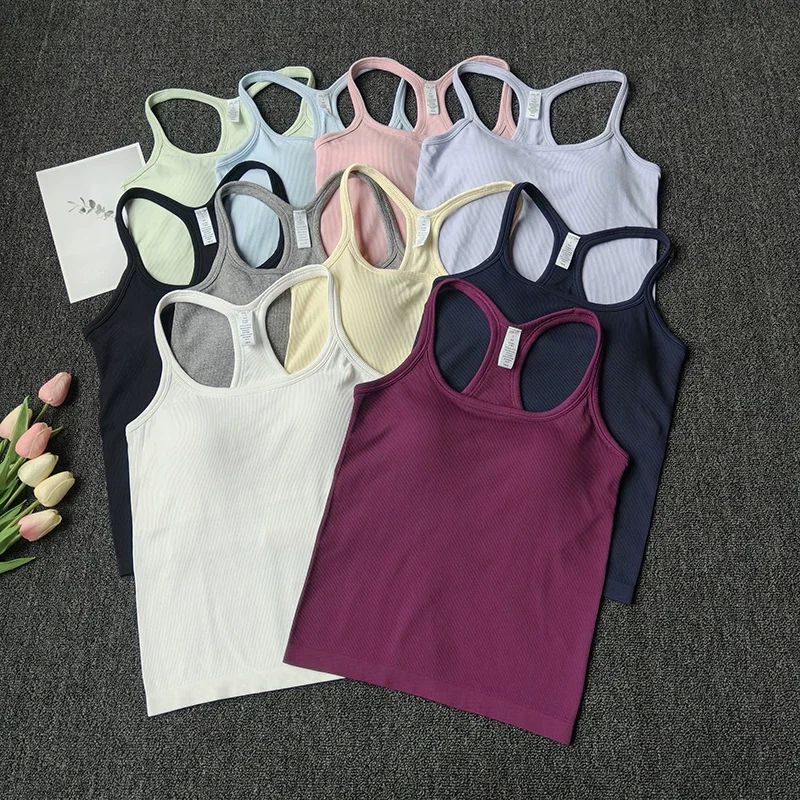 Women's Spaghetti Strap Yoga Tank Top Strappy Back Built-in Padded Bra for Pilates Gym Training