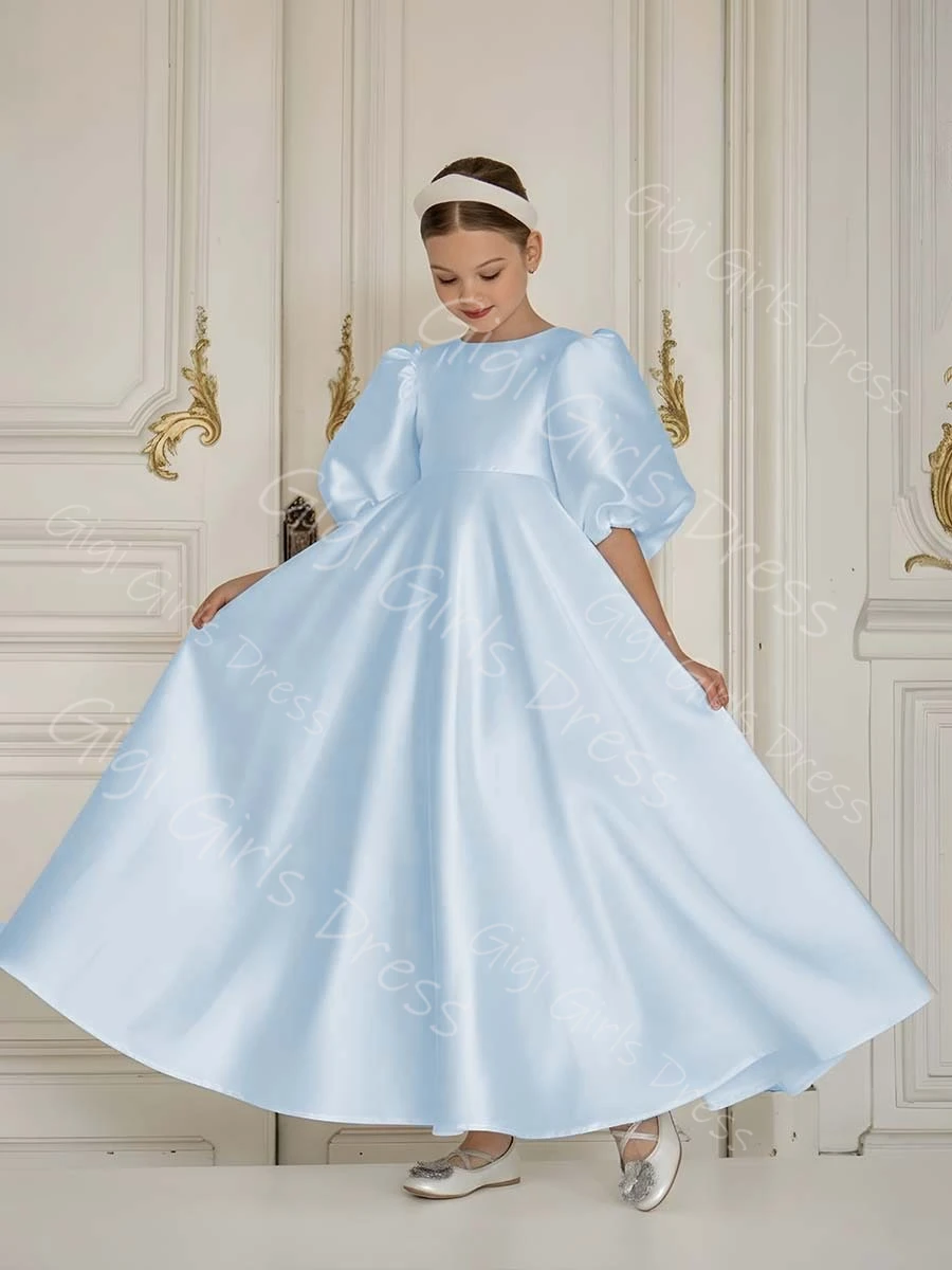 Vestido de satén personalizado con flores para niña, vestido de primera comunión con mangas de globo y cintura alta, vestido de fiesta de boda personalizado para niño