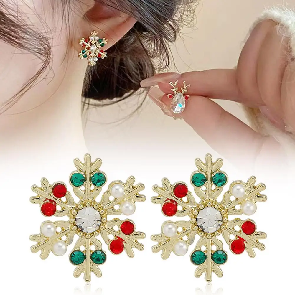 Trendy Rhinestone Imitation Christmas Earrings Alloy Diamonds Inlaid Snowflake Bells Jewelry Accessories For Women Christma R7M9