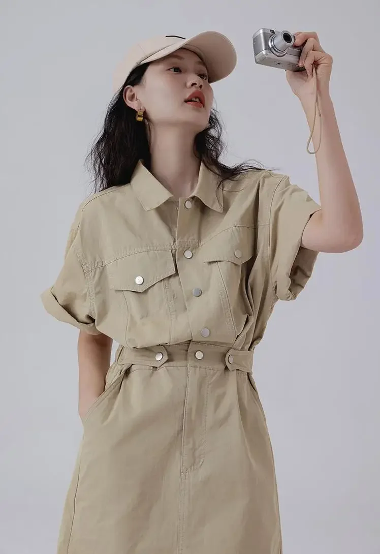 Workwear Polo Shirt Dress Women's Summer New Design Sense Small Number A Line Waist Khaki Short Skirt