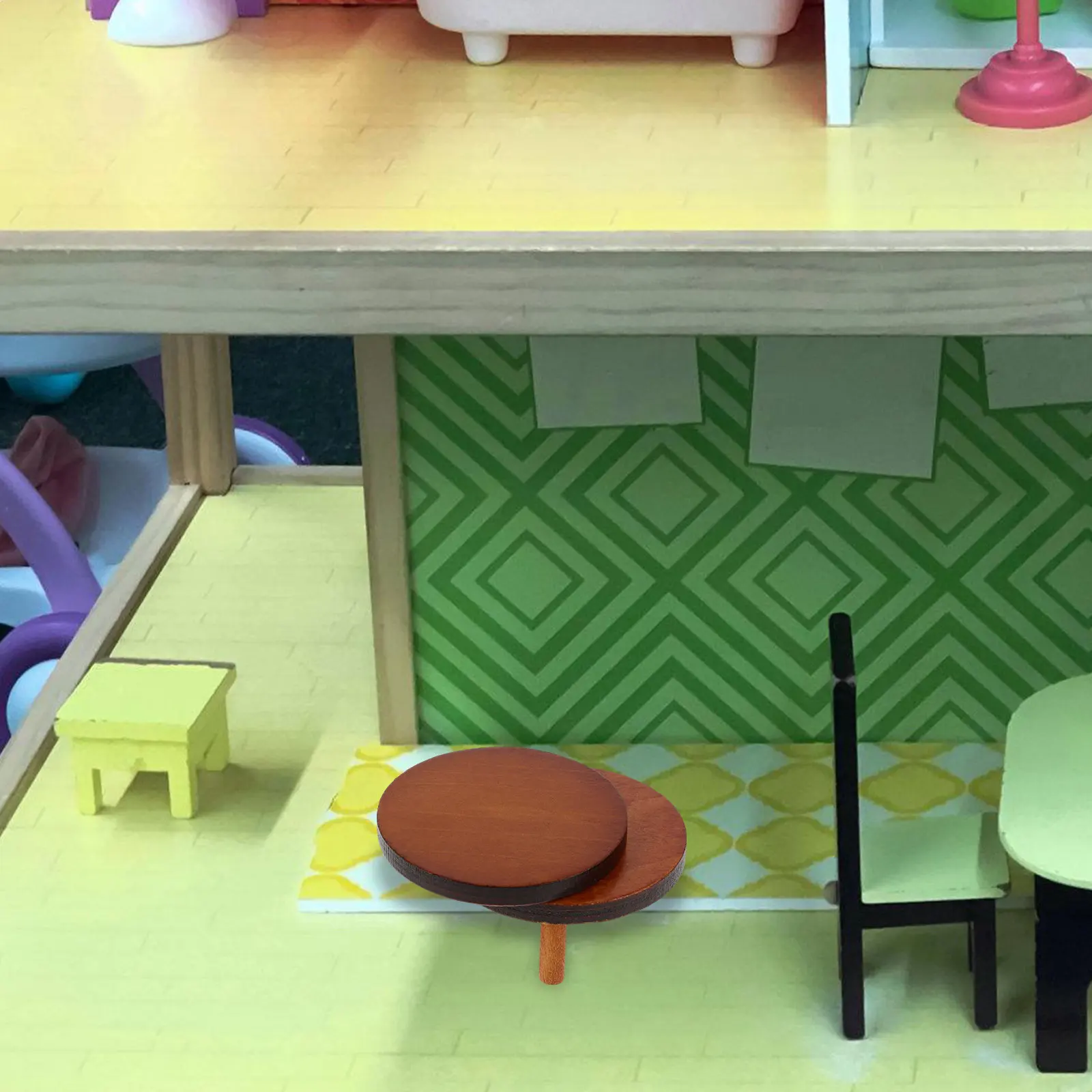 

1 Set Miniature Dollhouse Round Side Table Wooden Furniture for Living Room Scene Decoration Pretend Play Accessory