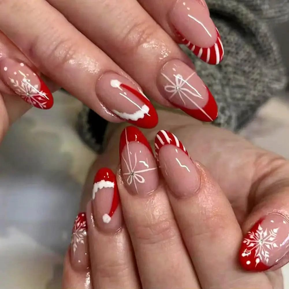 

24PCS Red French Pointed Nails Christmas Fake Nails With Snowflake Christmas Hat Design, Artificially Adhered To The Nails