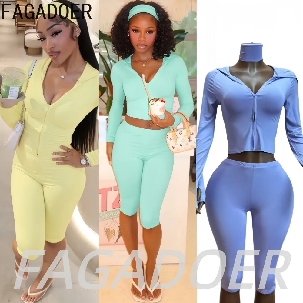 FAGADOER Casual Sporty 3 Piece Sets Fashion Solid Hooded Zip Up Long Sleeve Crop Top Capri Pants Headbands Matching Tracksuits
