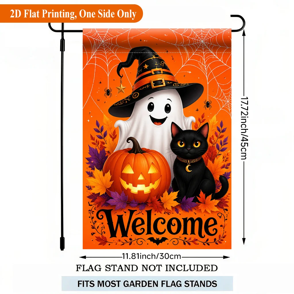 2D Flat Halloween Garden Flag – Pumpkin Black Cat Single-Sided Polyester Yard Decor for Holiday Outdoor Home
