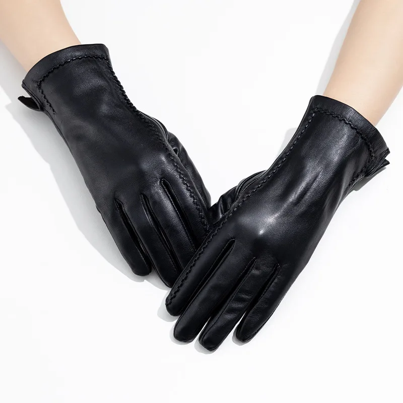 

Genuine Leather! Women's Natural Leather Black Glove Female Thicken Warm Sheepskin Leather Touchscreen Driving Glove TB145