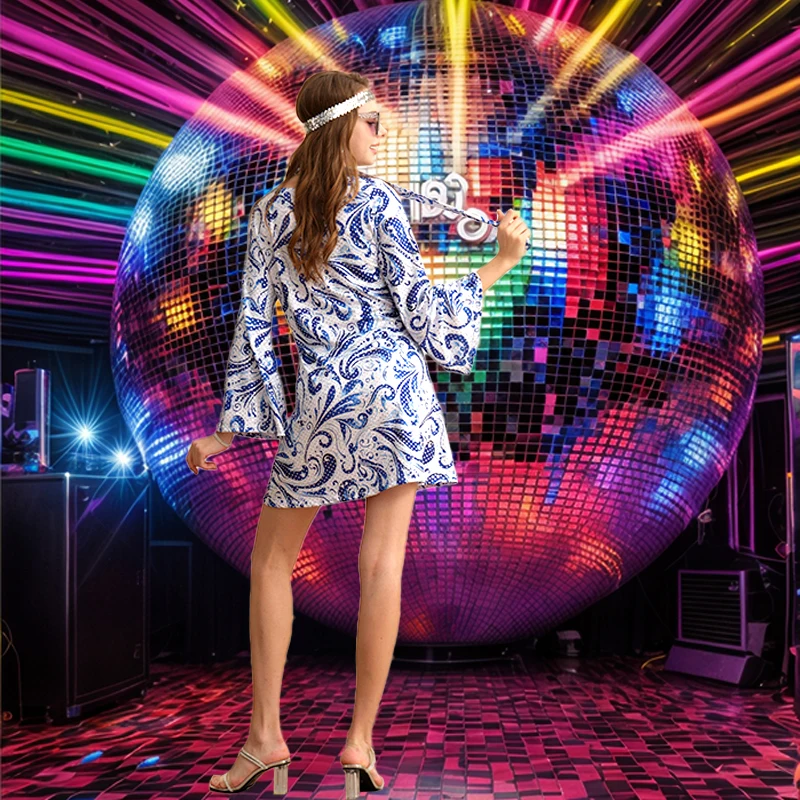 ملابس ديسكو 6070s للنساء فستان مطبوع مجموعة أزياء هيبي مخدر لحفلات الهالوين #5