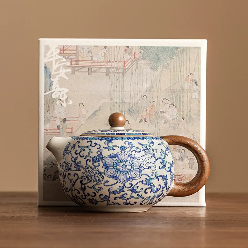 

Ru Ware Blue and White Floral Xishi Shape Teapot Celadon Glaze Crackle Chinese Kung Fu Tea Set Porcelain Teaware Home Decor
