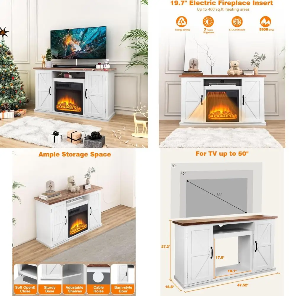 

Cowsar 47-дюймовая подставка для каминного телевизора с деревянной каминной каминкой, отдельно стоящий обогреватель, регулируемое светодиодное пламя, пульт дистанционного управления