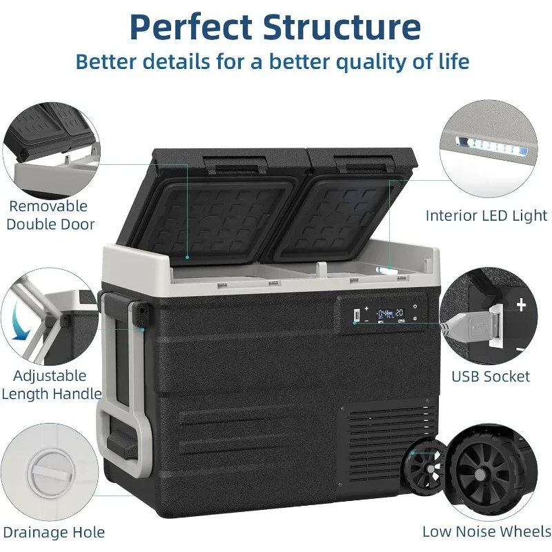 Refrigerador para automóvil de 12 voltios, congelador portátil para automóvil de doble zona de 53 cuartos y 12 V (4 ℉ ~68 ℉ ), Refrigerador eléctrico con compresor