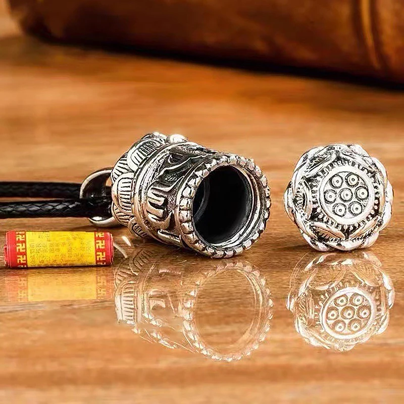 1Pc Hollow Copper Plated Lotus Sutra Cylinder Pendant Keychain Handmade Vintage Pill Box Container Bottle - view 5