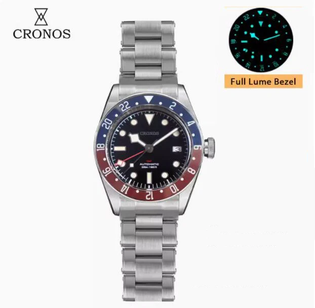 CRONOS Men GMT Watch 41mm Sport Automatic Mechanical Wristwatch Sapphire Diver 20ATM Waterproof BGW9 Luminous NH34 Ceramic Bezel
